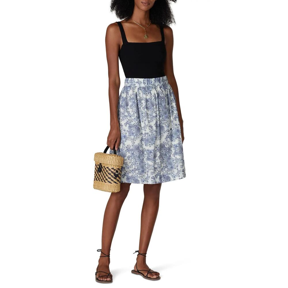 Louna Floral Skirt Womens M Blue White Cotton Flare Knee Length Elastic Waist M